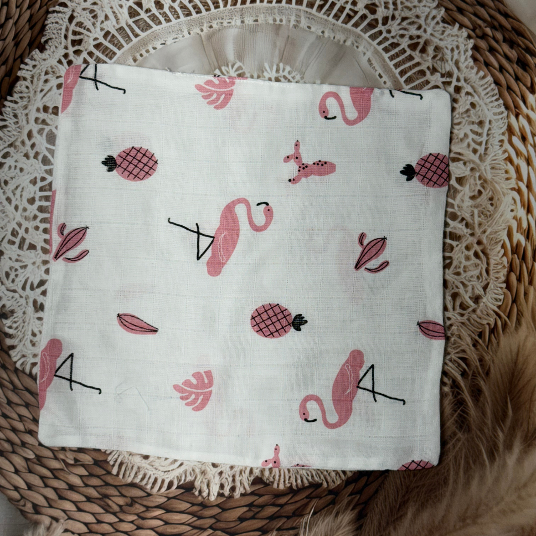 Muslin Cotton Baby Wipes – Soft Reusable Cloth Napkins for Newborns & Infants (Flamingo & Pineapple Print)