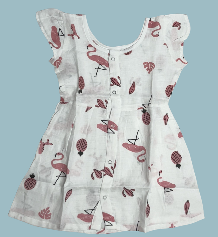 Muslin Baby Frock with Frill Sleeves – Front Open | Flamingo Print