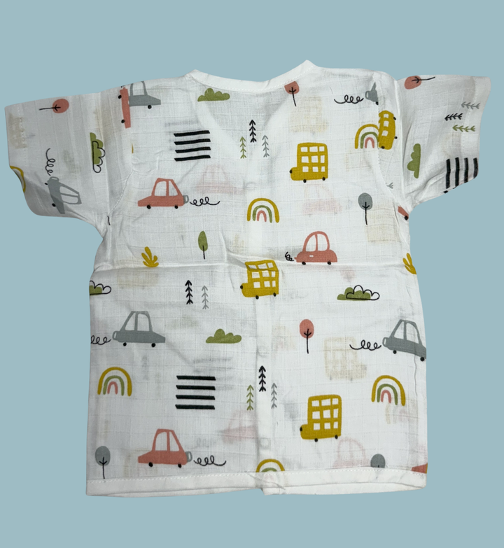 Baby Muslin Cotton Half Sleeve Button Jabla – Cars & Rainbow Print