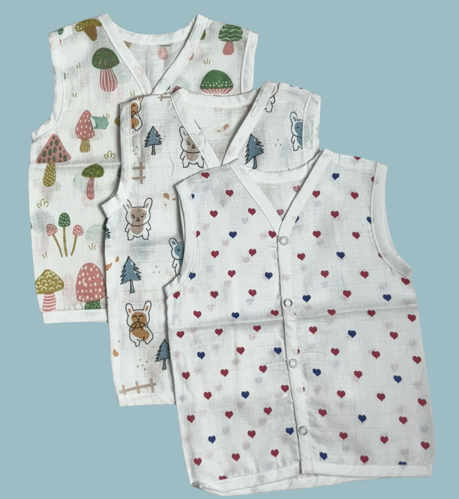 Muslin Cotton Baby Jabla Combo – Sleeveless Front Open | Mushroom, Hearts & Bunny Print (Pack of 3)