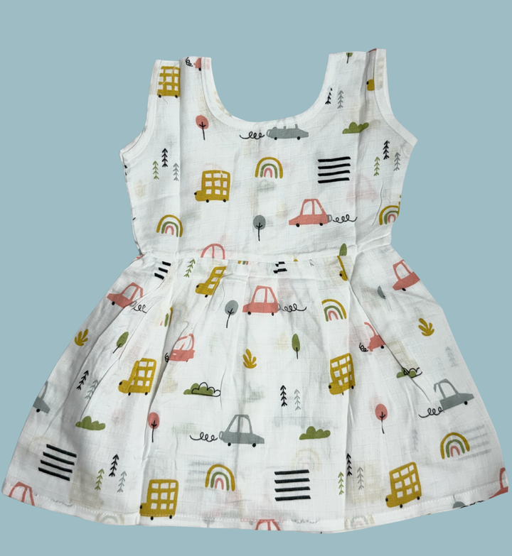 Muslin Cotton Baby Frock – Sleeveless Front Open | Car & Rainbow Print