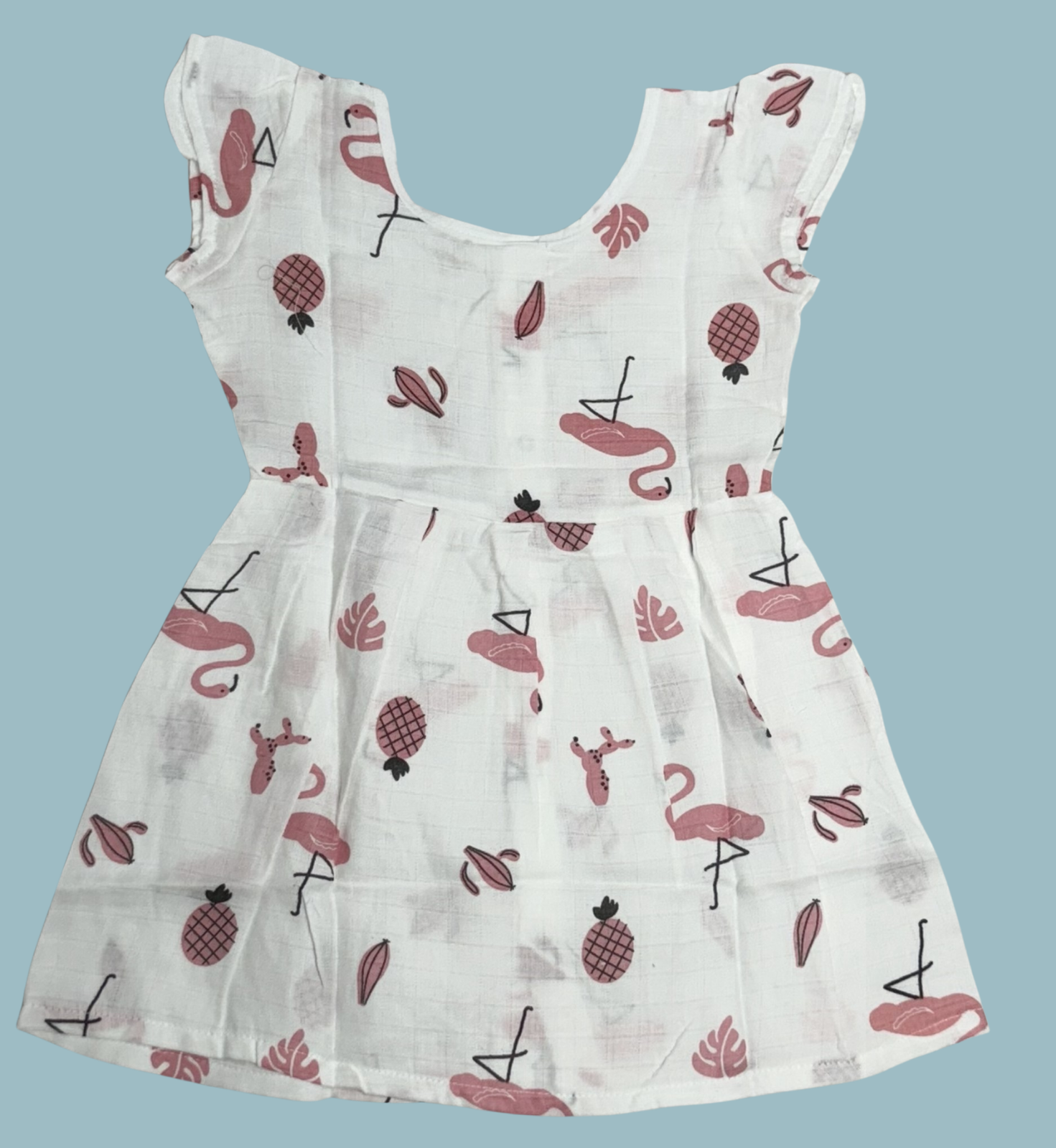Muslin Baby Frock with Frill Sleeves – Front Open | Flamingo Print