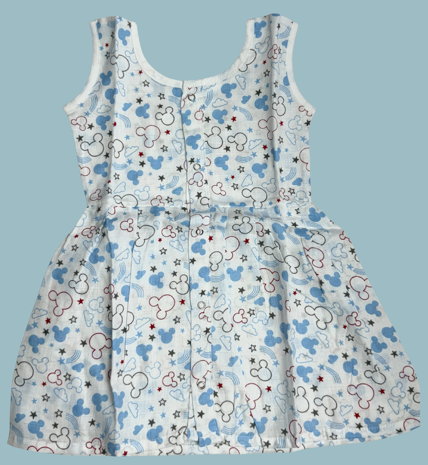 Muslin Cotton Baby Frock – Sleeveless Front Open | Mickey & Stars Print