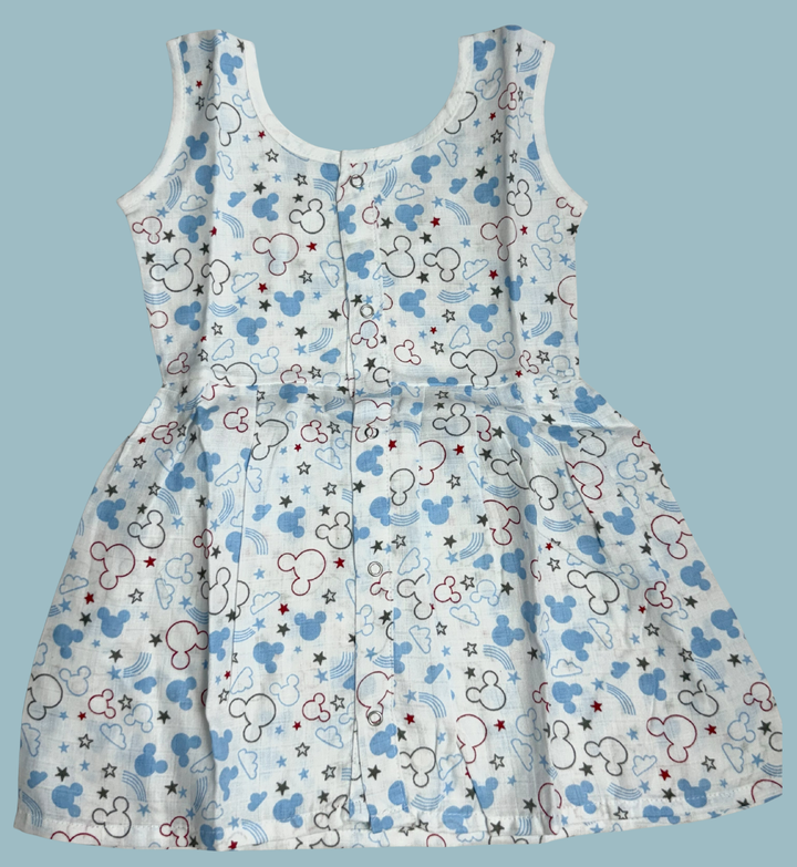 Muslin Cotton Baby Frock – Sleeveless Front Open | Mickey & Stars Print
