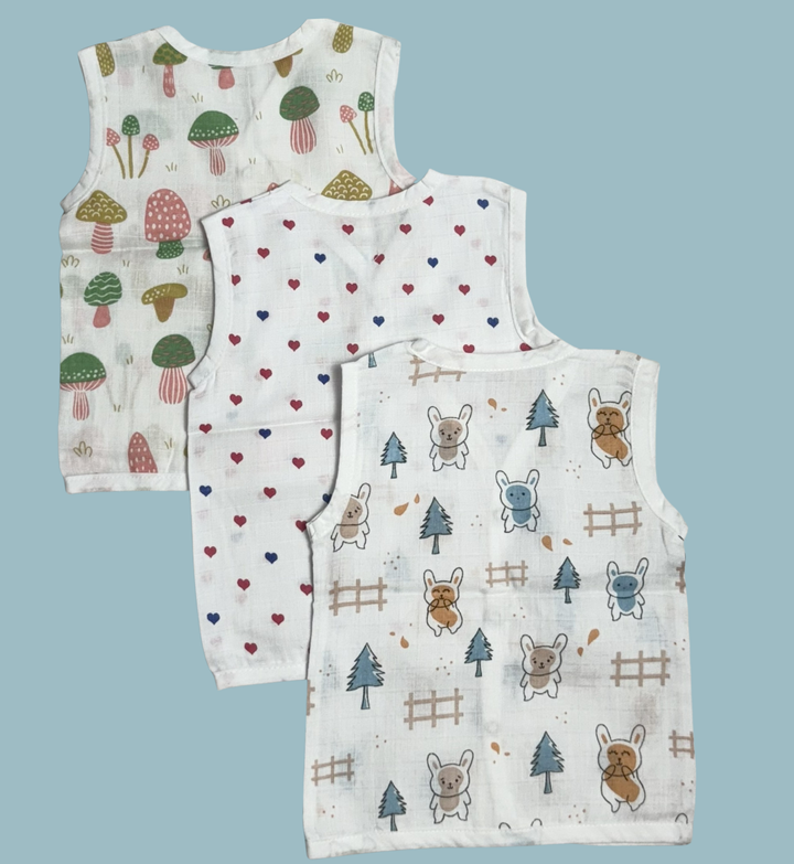 Muslin Cotton Baby Jabla Combo – Sleeveless Front Open | Mushroom, Hearts & Bunny Print (Pack of 3)