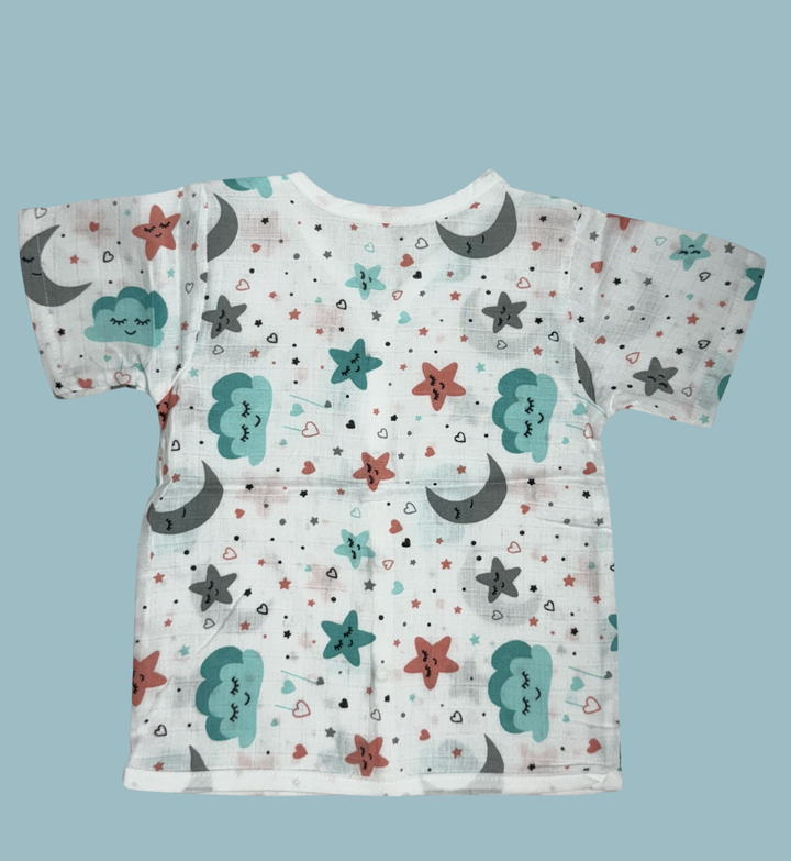 Baby Muslin Cotton Half Sleeve Button Jabla – Moon, Stars & Clouds Print
