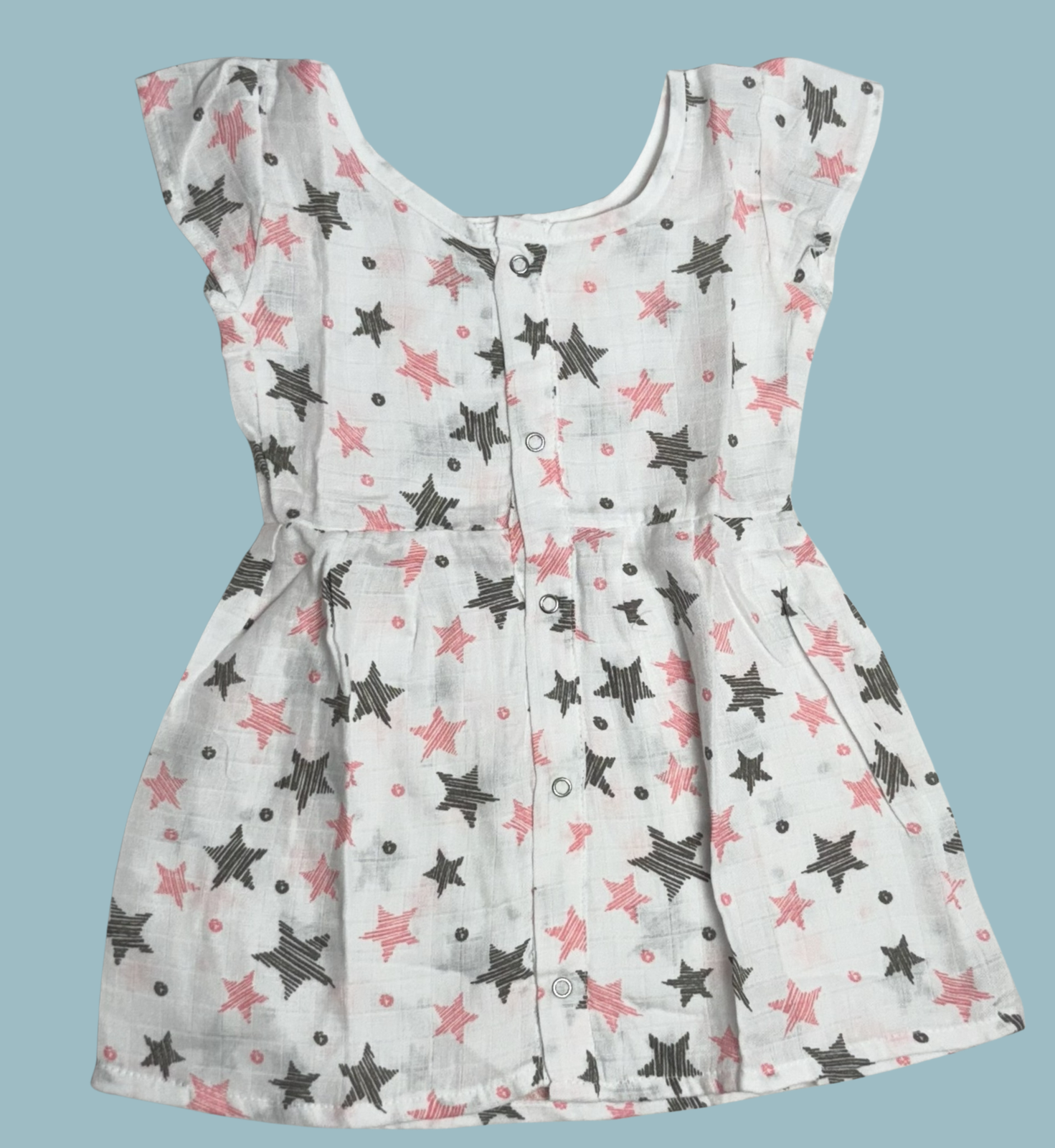 Muslin Baby Frock with Frill Sleeves – Front Open | Star Print (Pink & Black)