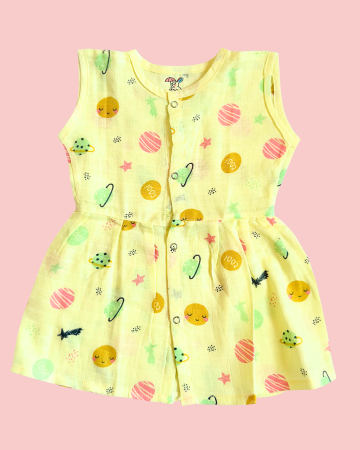 Muslin Cotton Sleeveless Frock – Space Print | Premium Baby Frock