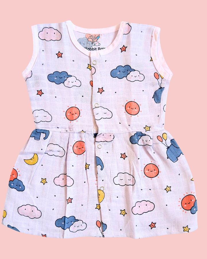 Muslin Cotton Sleeveless Frock – Cloud & Sky Print | Premium Baby Frock