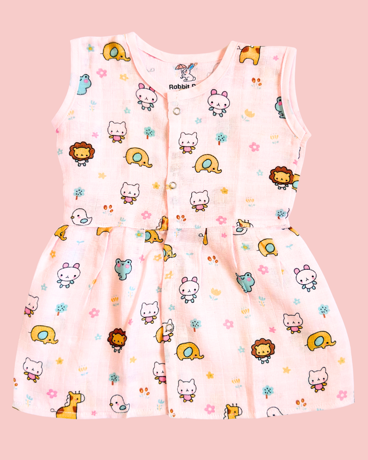 Muslin Cotton Sleeveless Frock – Cute Animal Print | Premium Baby Frock
