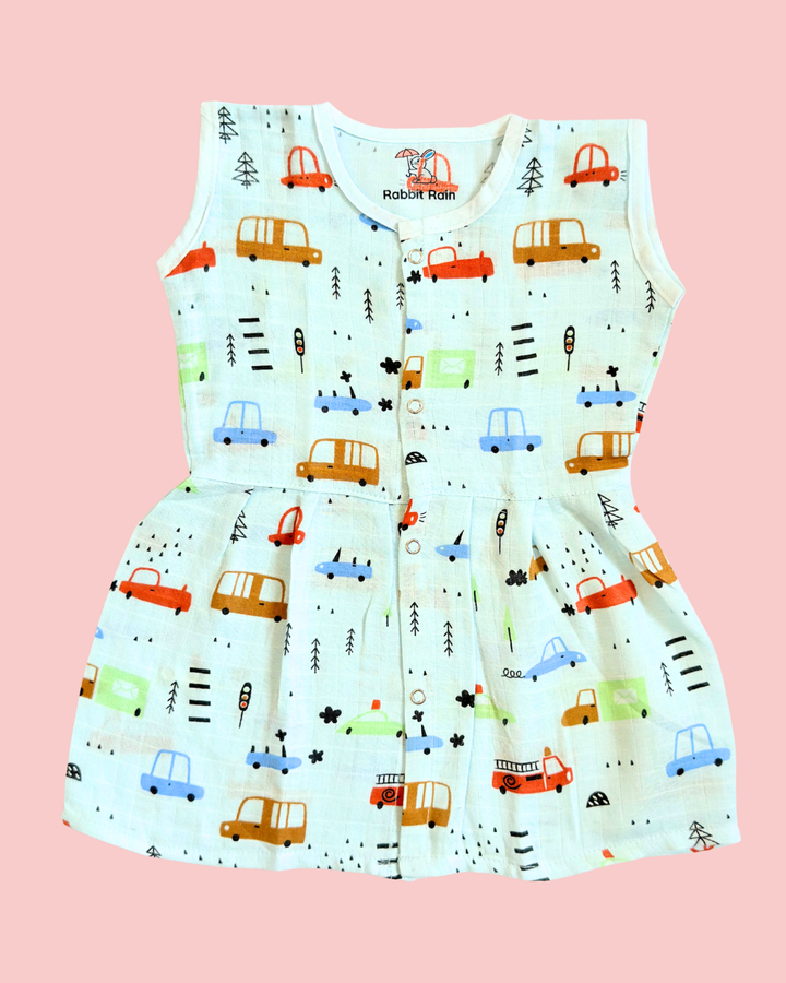 Muslin Cotton Sleeveless Frock – Car Print | Premium Baby Frock