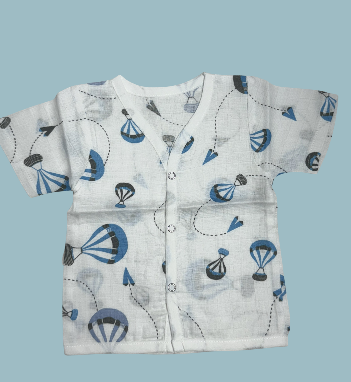 Baby Muslin Cotton Half Sleeve Button Jabla – Blue Parachute Print