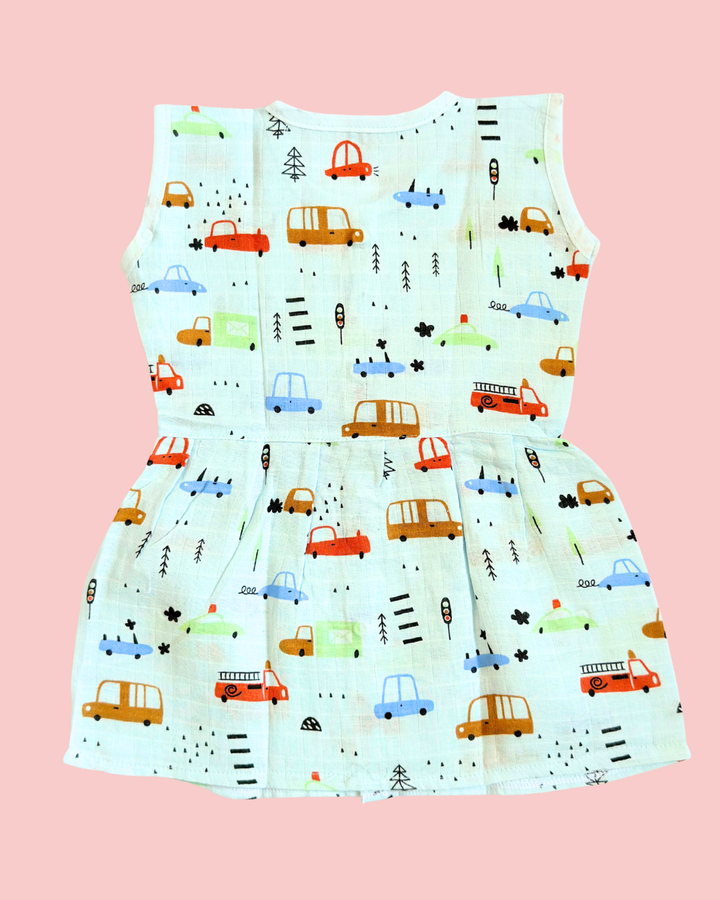 Muslin Cotton Sleeveless Frock – Car Print | Premium Baby Frock