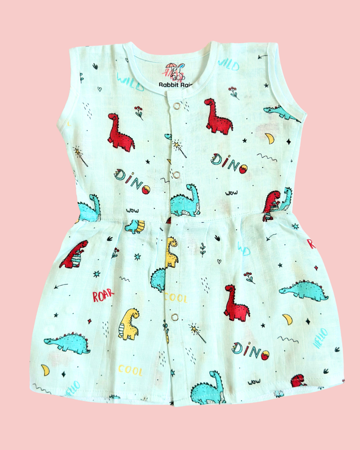 Muslin Cotton Sleeveless Frock – Dino Print | Premium Baby Frock