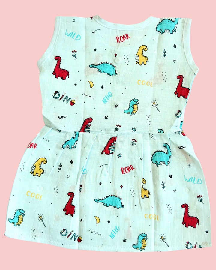 Muslin Cotton Sleeveless Frock – Dino Print | Premium Baby Frock