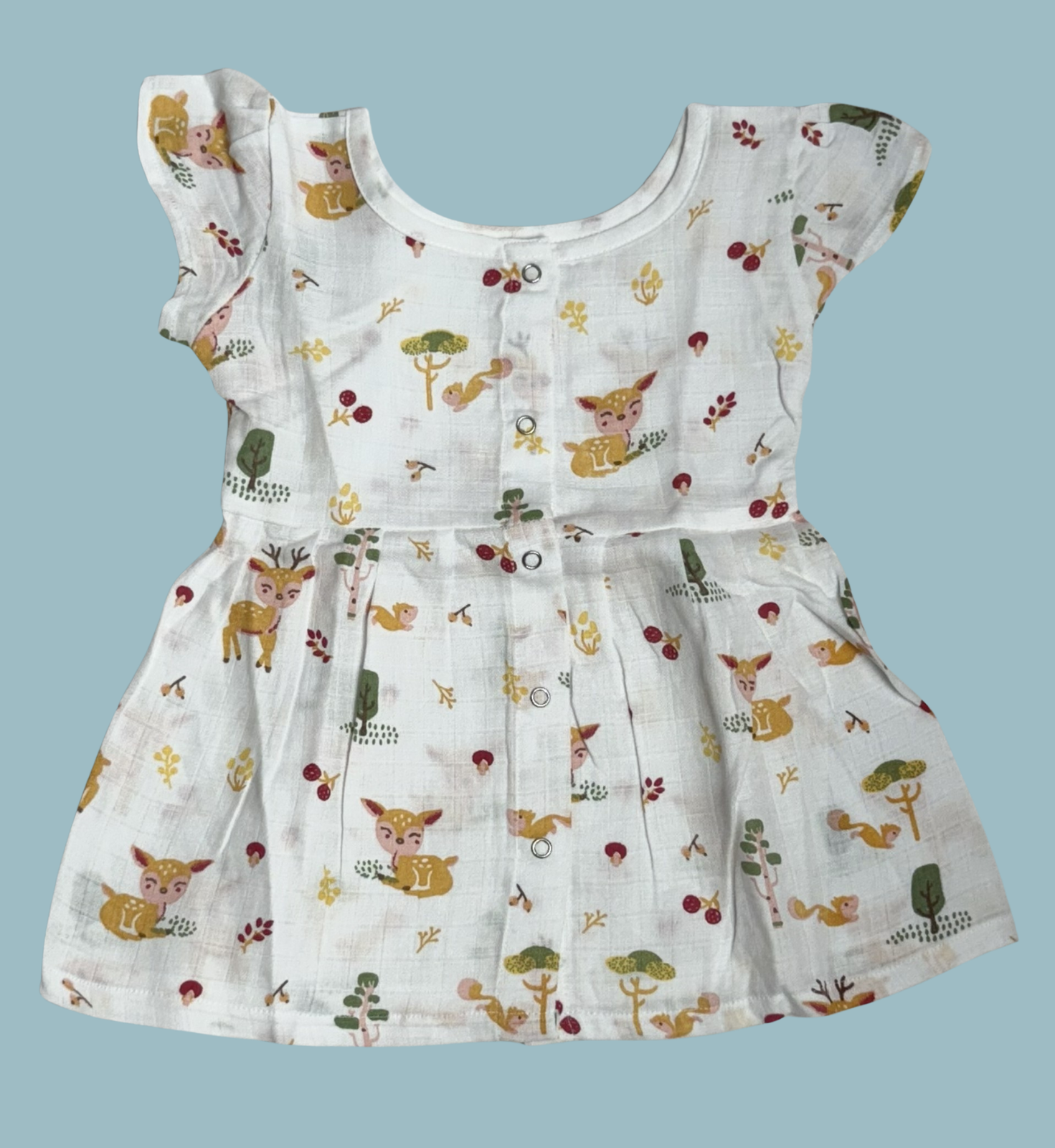 Muslin Baby Frock with Frill Sleeves – Front Open | Forest Deer Print