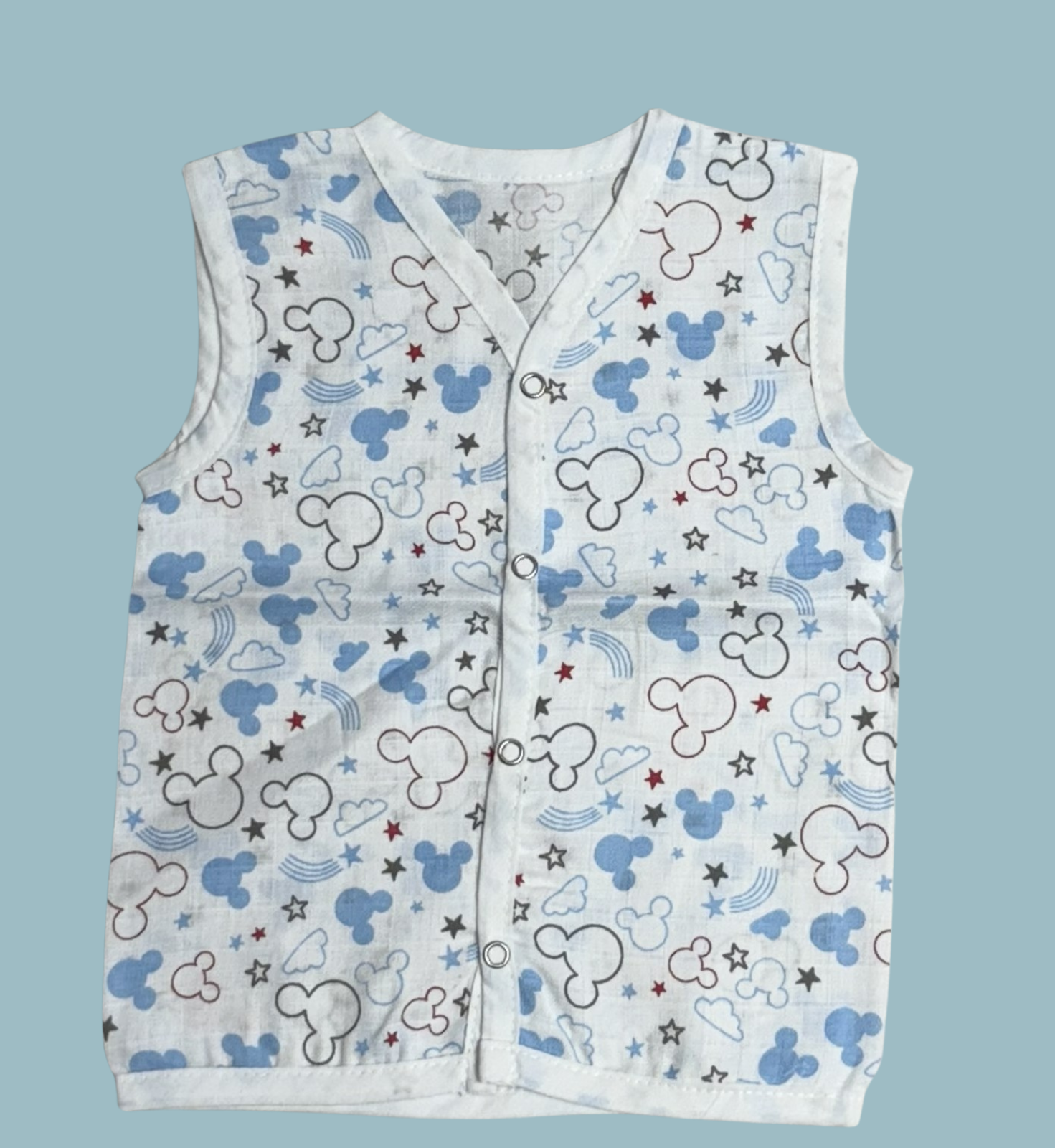 Muslin Cotton Baby Jabla Combo – Sleeveless Front Open | Boat, Mickey & Colorful Hearts Print (Pack of 3)