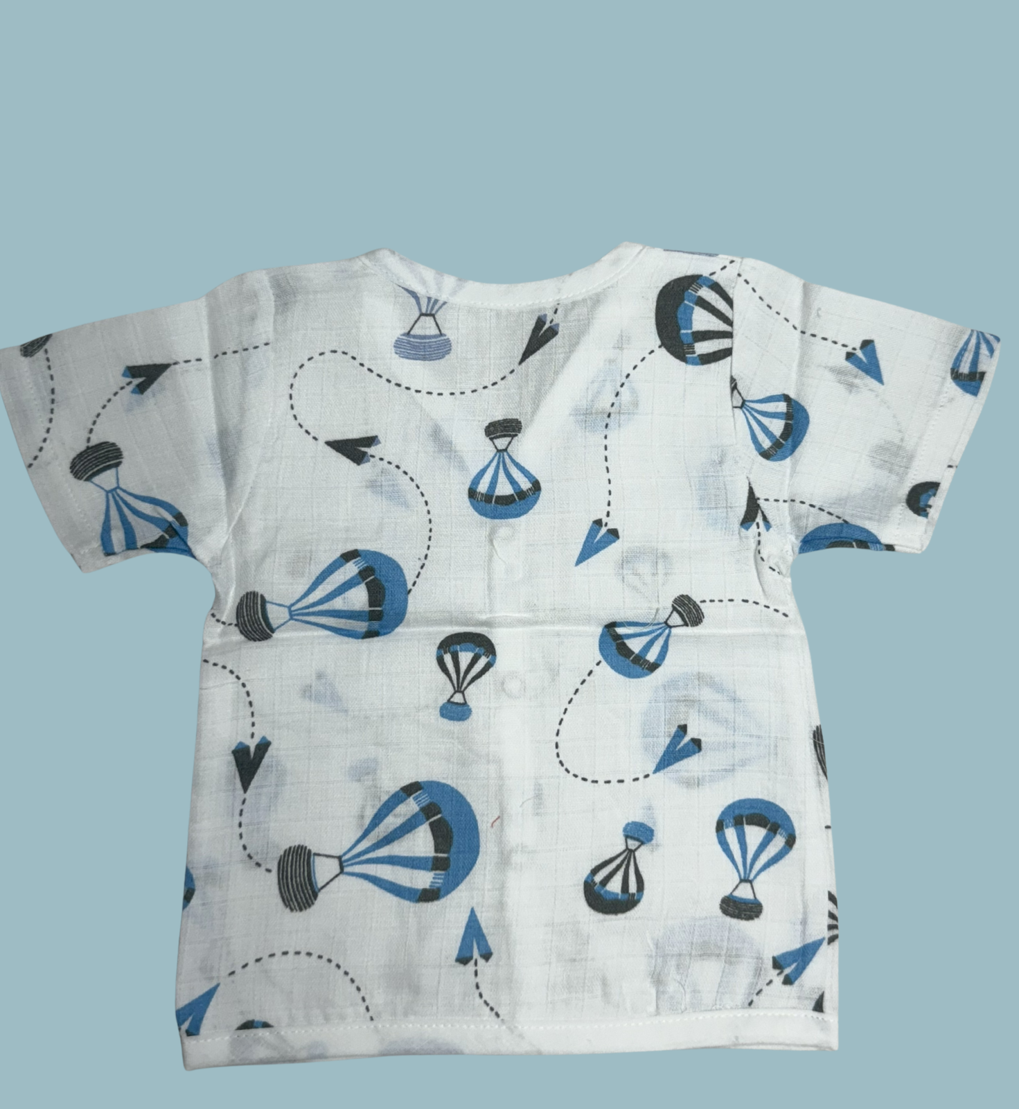 Baby Muslin Cotton Half Sleeve Button Jabla – Blue Parachute Print