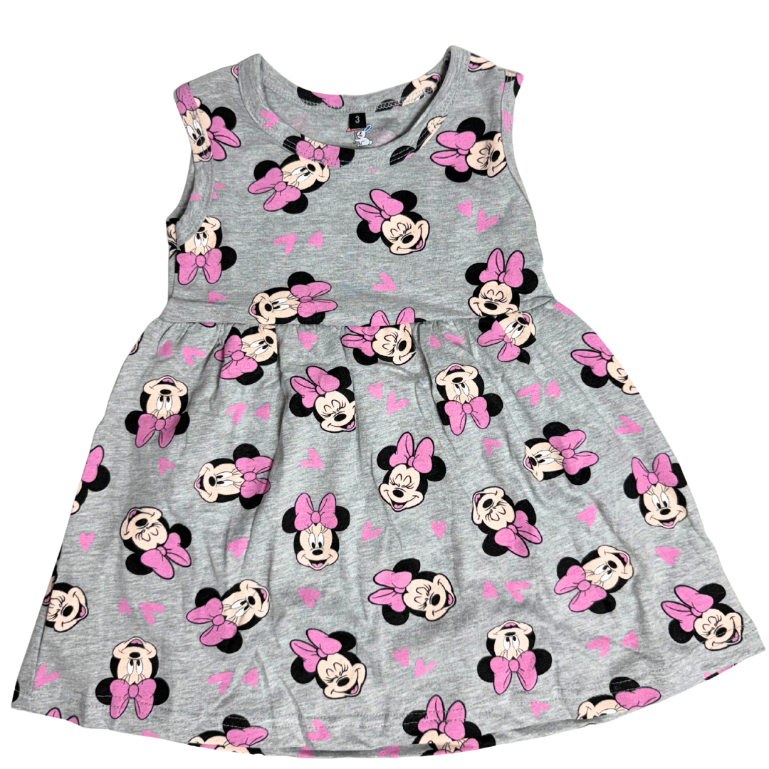 Sleeveless Cotton Frock – Grey Minnie Mouse Print with Pink Bows
