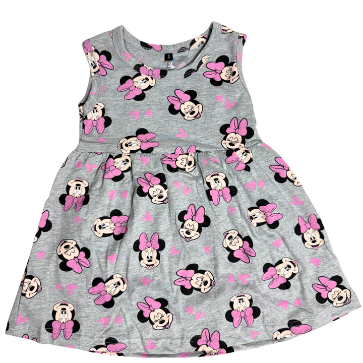 Sleeveless Cotton Frock – Grey Minnie Mouse Print with Pink Bows
