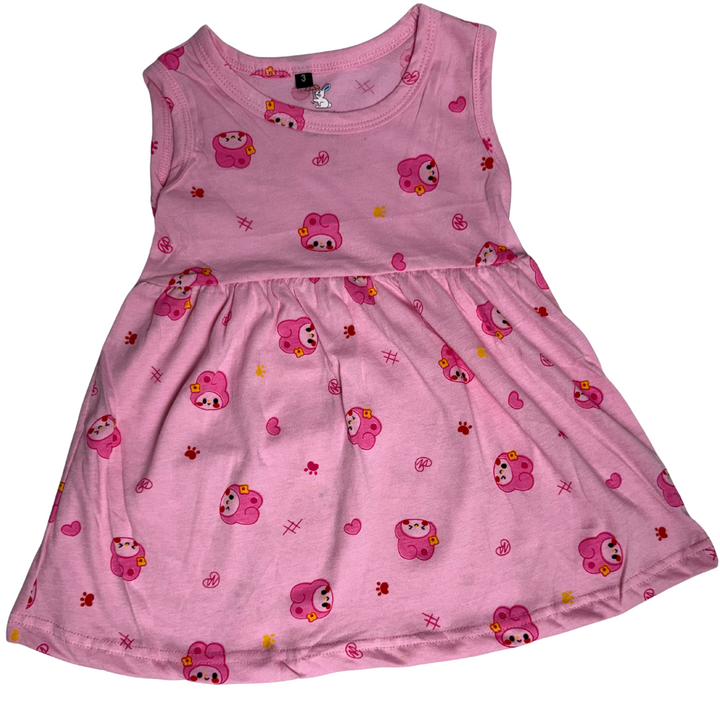 Baby Girl Sleeveless Cotton Frock – Pink Cartoon Print