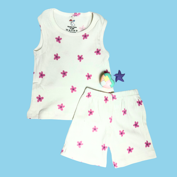 Unisex Sleeveless Co-ord Set – Pink Flower | 100% Premium Cotton