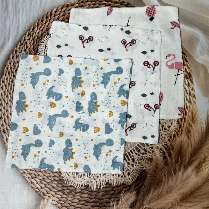 Muslin Cotton Baby Wipes – Set of 3 Reusable Cloth Napkins (Assorted Prints – Random 3)