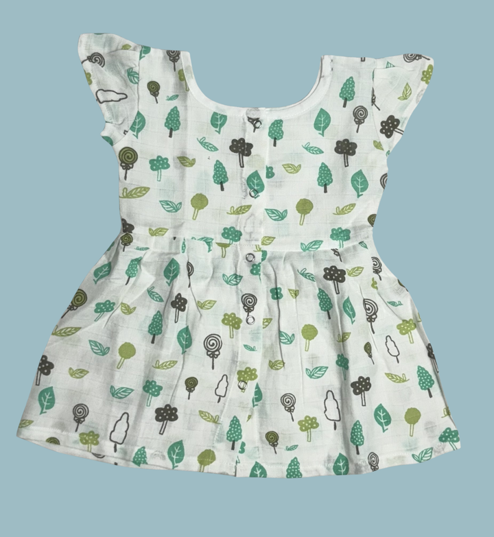 Muslin Cotton Baby Frock with Frill Sleeves – Front Open | Green Forest Print