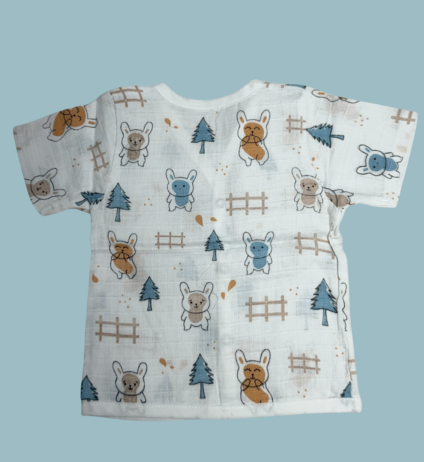 Baby Muslin Cotton Half Sleeve Button Jabla – Cute Bunny & Forest Print