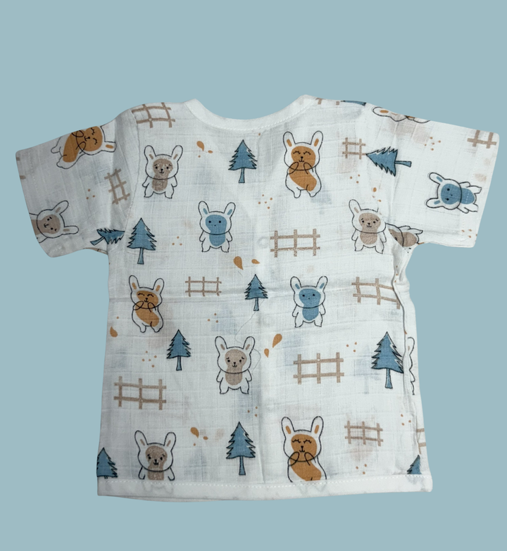 Baby Muslin Cotton Half Sleeve Button Jabla – Cute Bunny & Forest Print