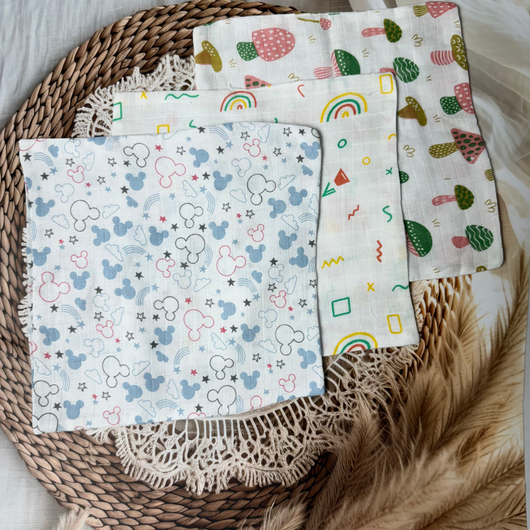 Muslin Cotton Baby Wipes – Set of 3 Reusable Cloth Napkins (Assorted Prints – Random 3)