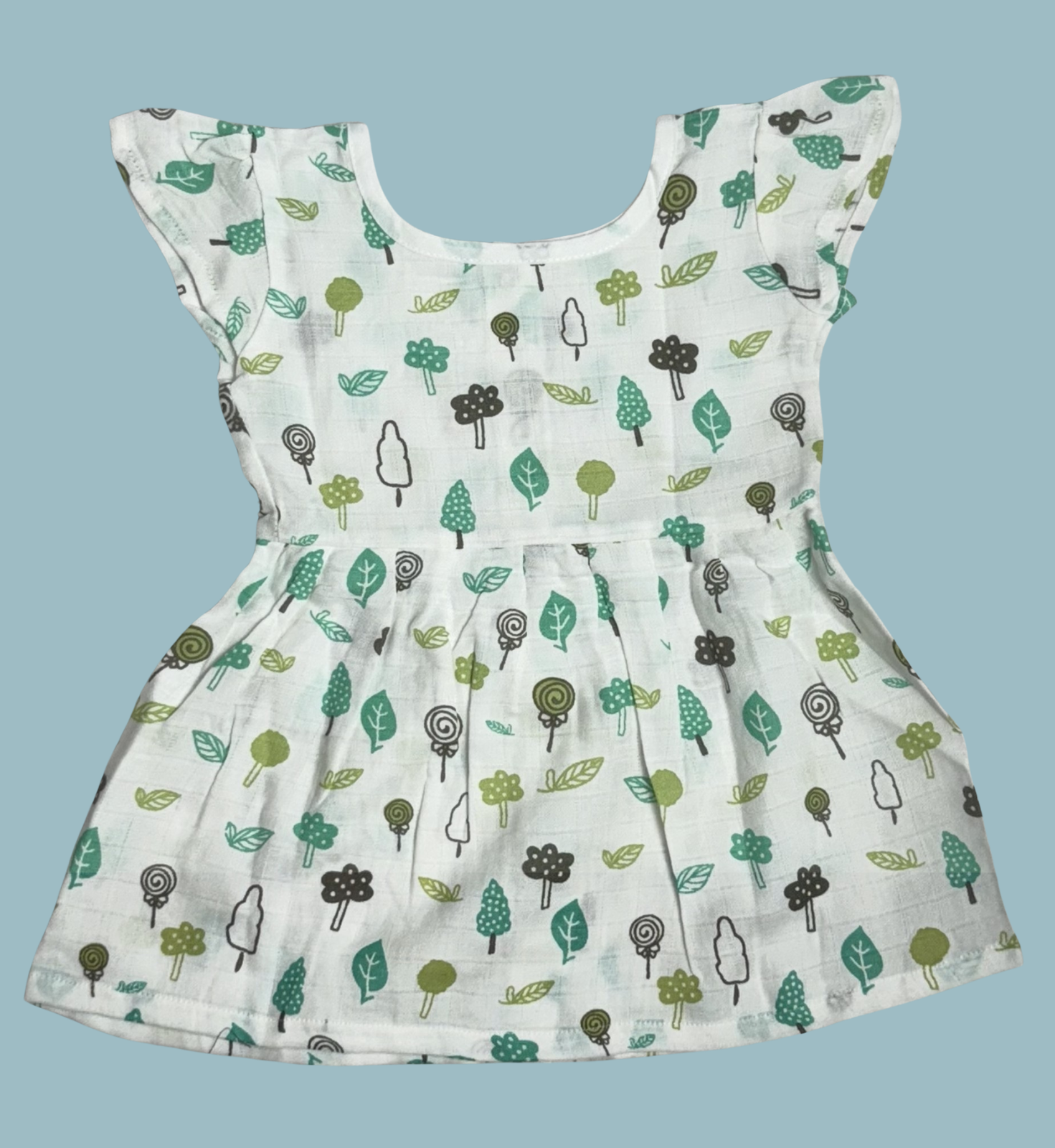 Muslin Cotton Baby Frock with Frill Sleeves – Front Open | Green Forest Print