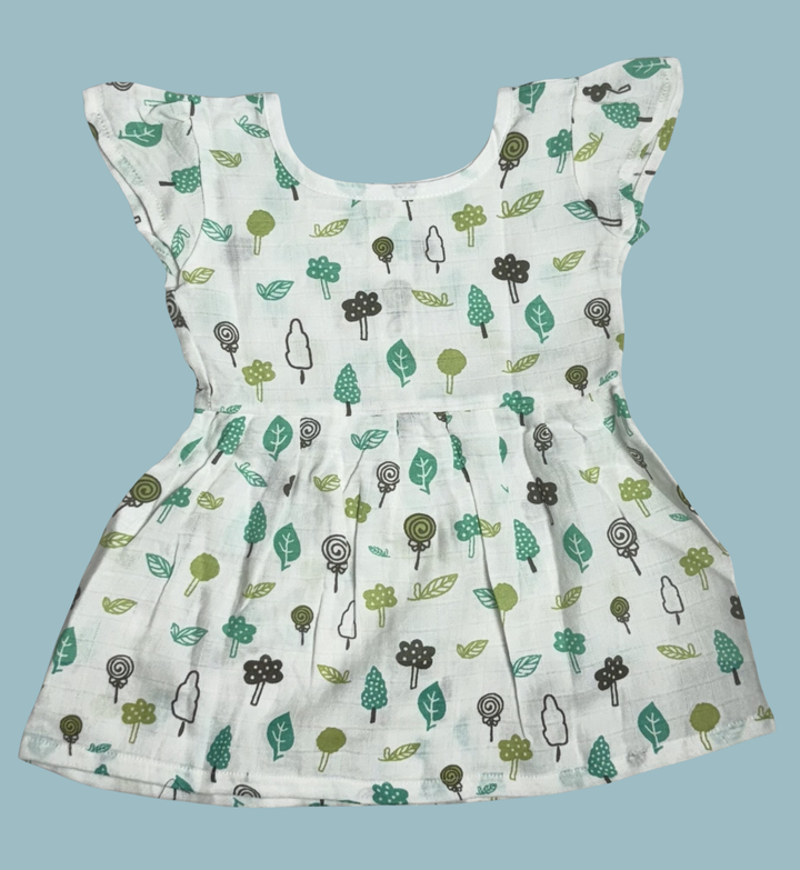 Muslin Cotton Baby Frock with Frill Sleeves – Front Open | Green Forest Print