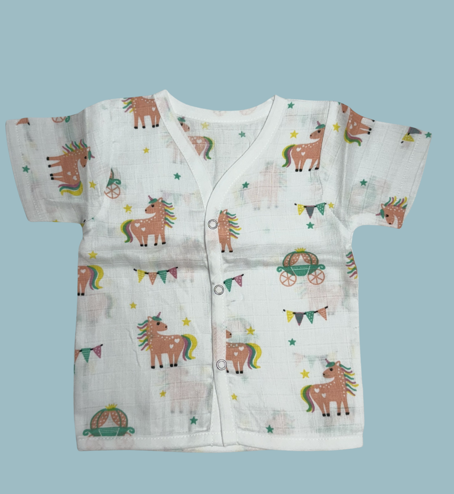 Baby Muslin Cotton Half Sleeve Button Jabla – Unicorn & Carriage Print