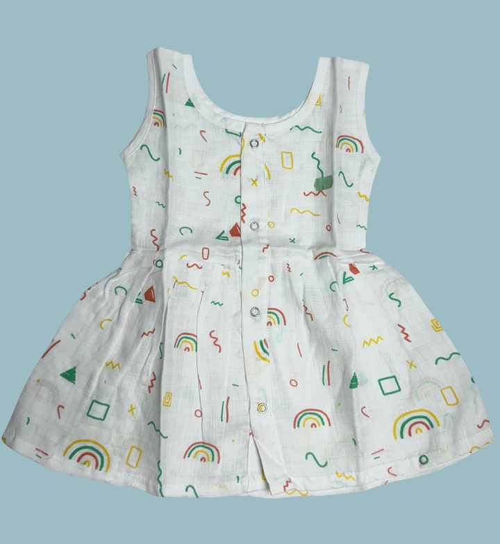 Muslin Cotton Baby Frock – Sleeveless Front Open | Rainbow & Shapes Print