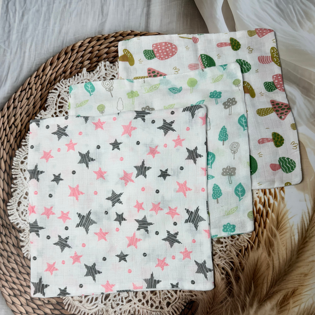 Muslin Cotton Baby Wipes – Set of 3 Reusable Cloth Napkins (Assorted Prints – Random 3)