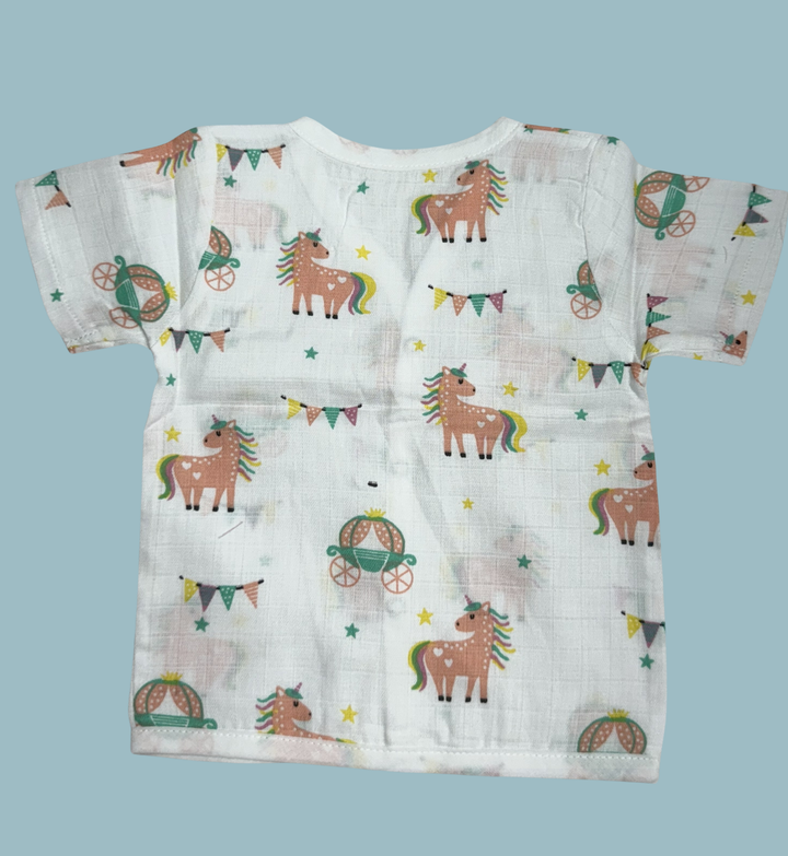 Baby Muslin Cotton Half Sleeve Button Jabla – Unicorn & Carriage Print
