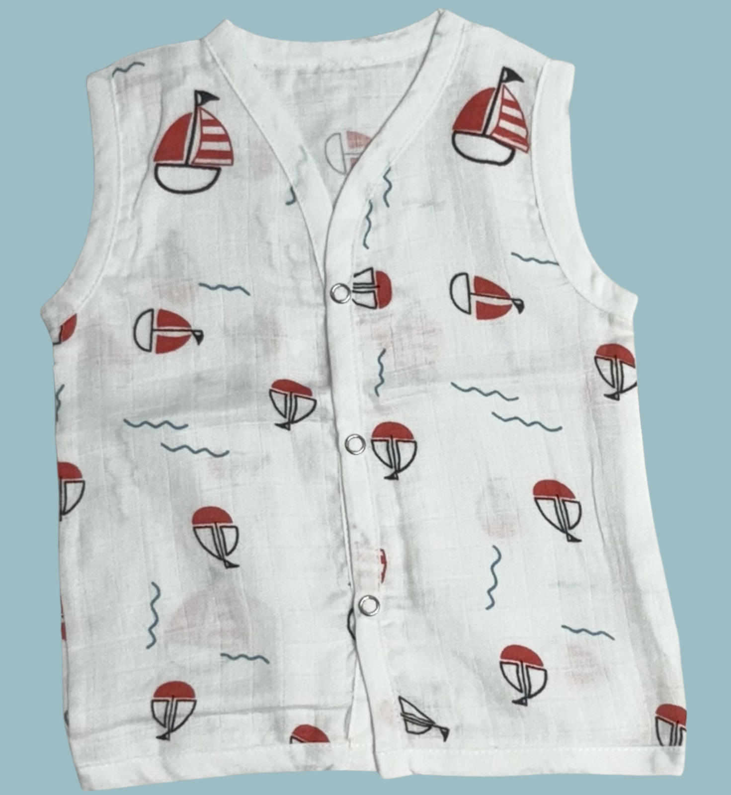 Muslin Cotton Baby Jabla Combo – Sleeveless Front Open | Boat, Mickey & Colorful Hearts Print (Pack of 3)