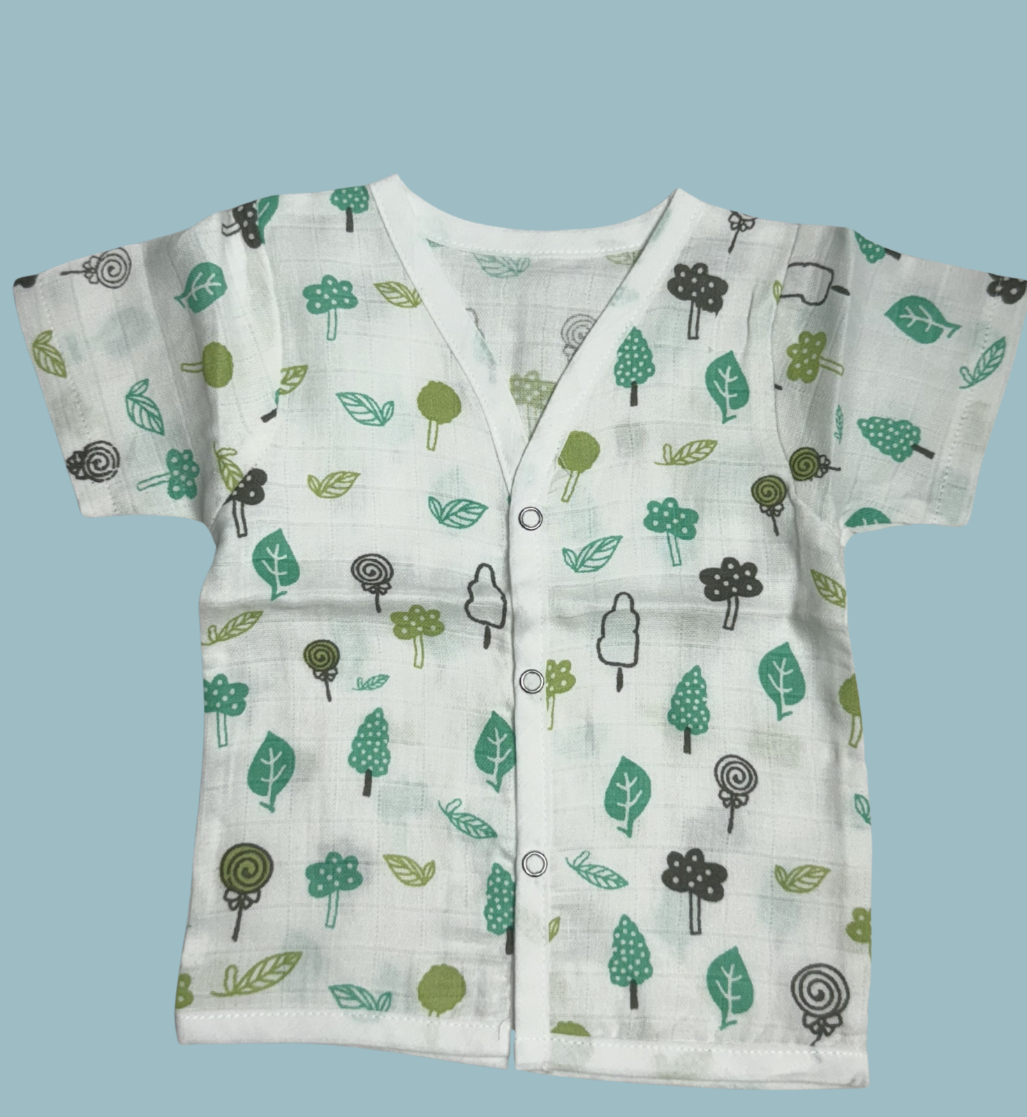 Baby Muslin Cotton Half Sleeve Button Jabla – Green Forest Trees Print