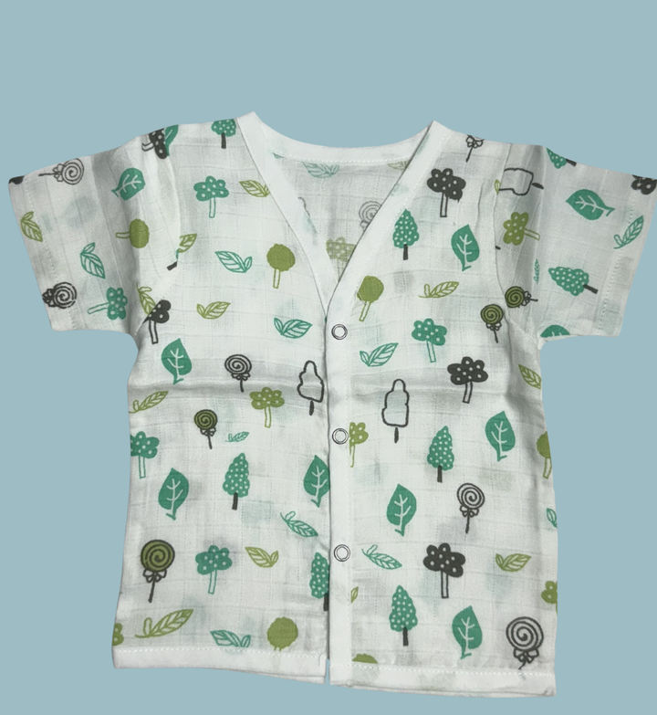 Baby Muslin Cotton Half Sleeve Button Jabla – Green Forest Trees Print