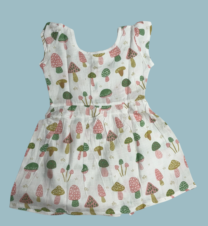 Muslin Baby Frock with Frill Sleeves – Front Open | Cute Mushroom Print