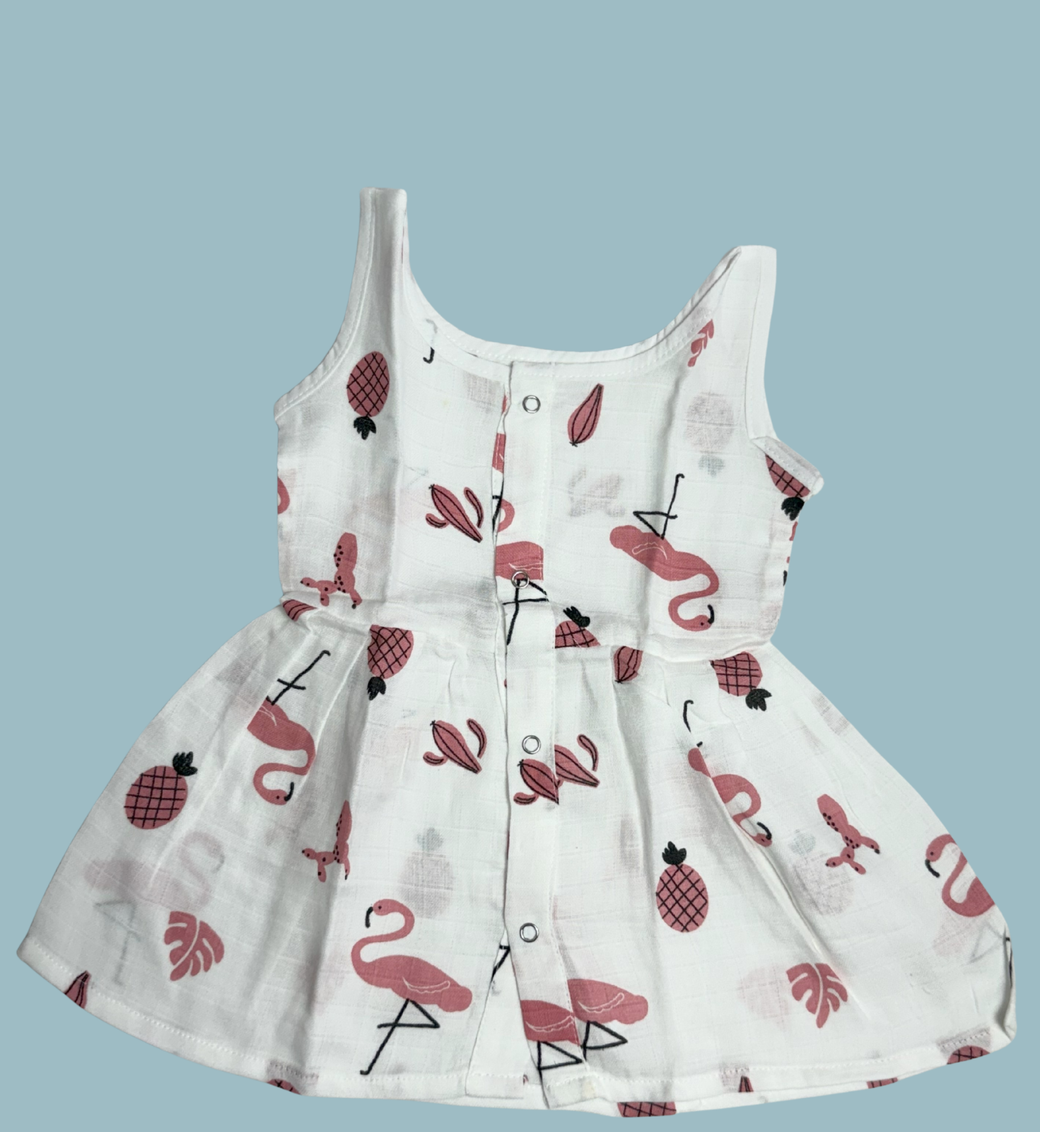 Muslin Cotton Baby Frock – Sleeveless Front Open | Flamingo & Pineapple Print