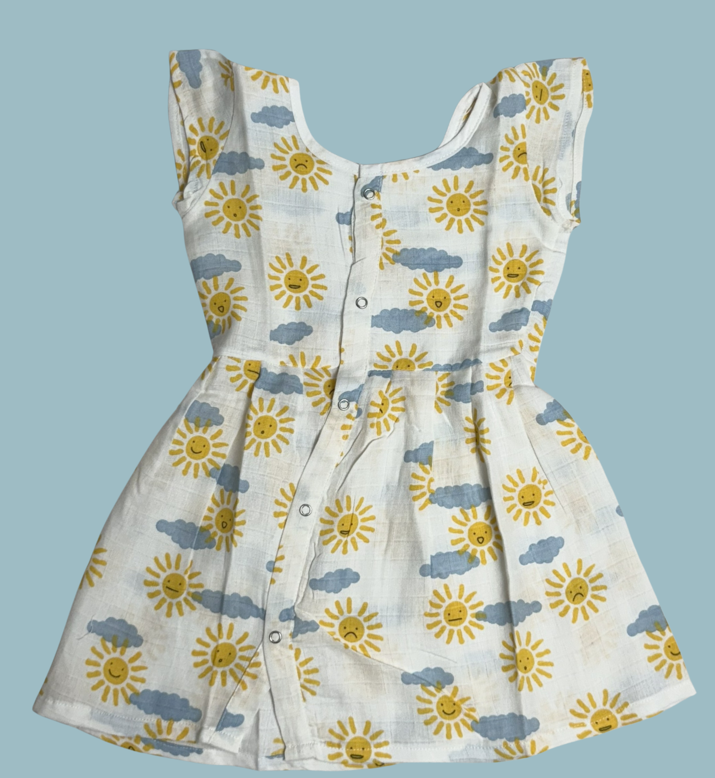 Muslin Baby Frock with Frill Sleeves – Front Open | Sun & Cloud Print