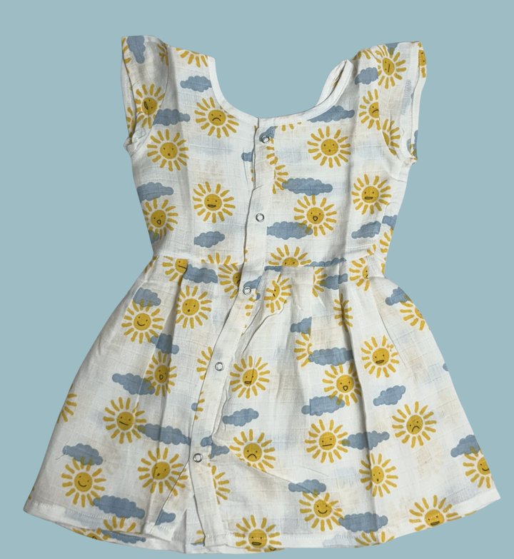 Muslin Baby Frock with Frill Sleeves – Front Open | Sun & Cloud Print
