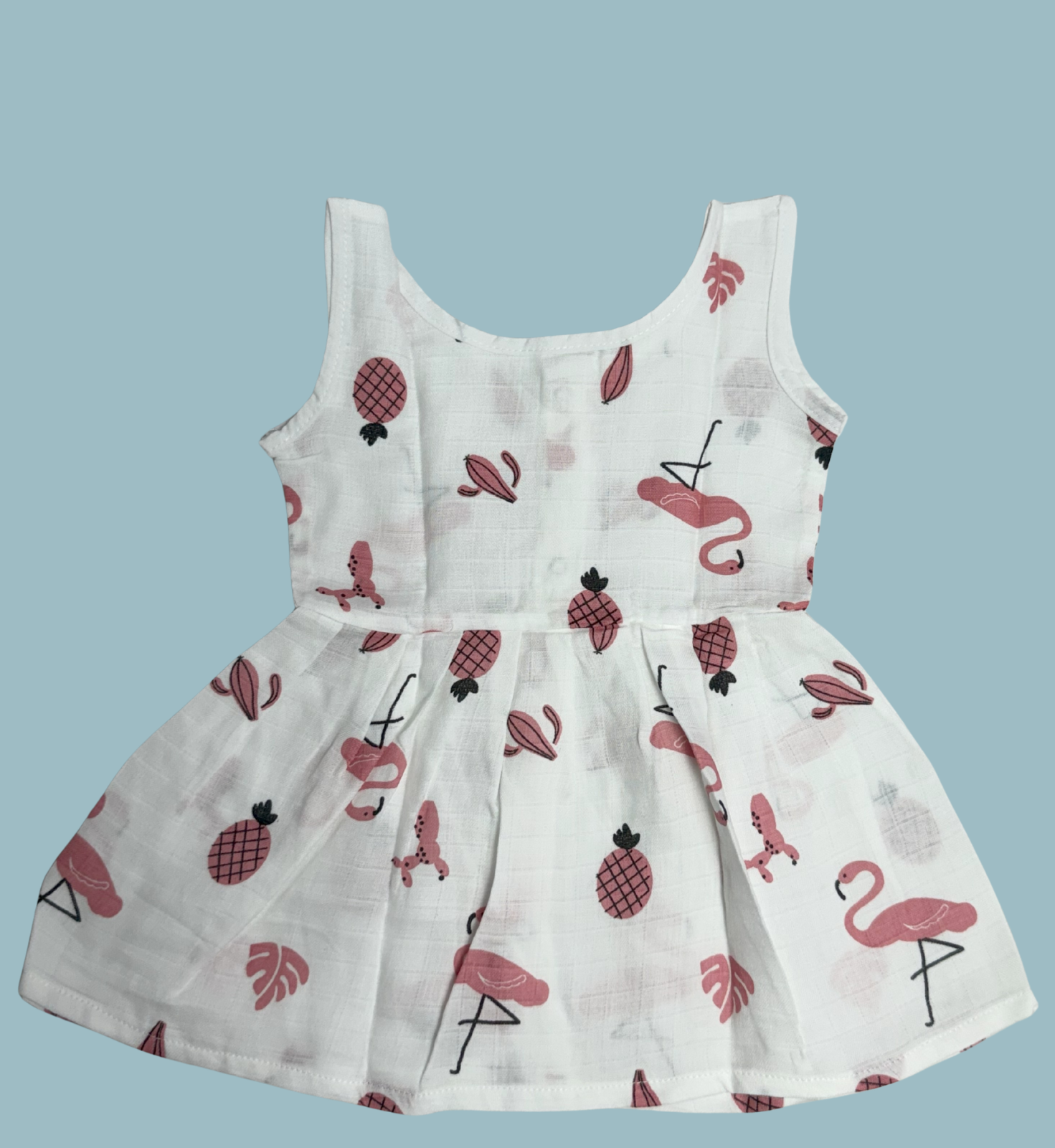Muslin Cotton Baby Frock – Sleeveless Front Open | Flamingo & Pineapple Print