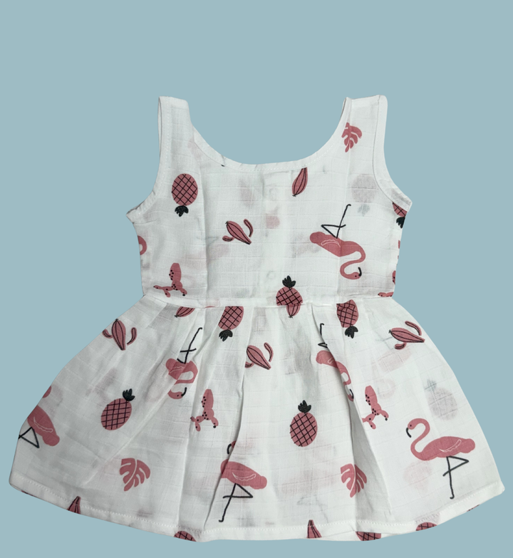 Muslin Cotton Baby Frock – Sleeveless Front Open | Flamingo & Pineapple Print