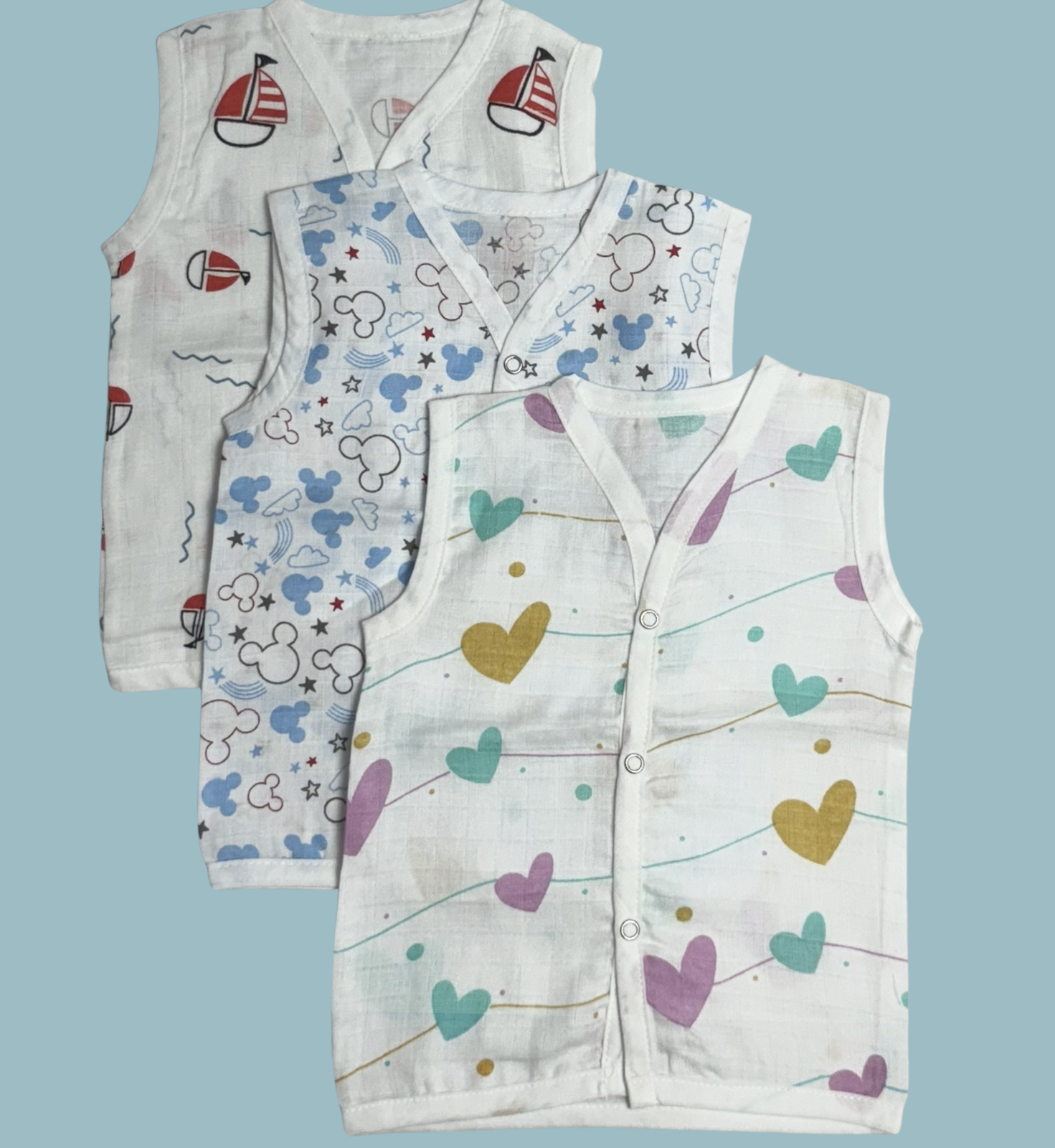 Muslin Cotton Baby Jabla Combo – Sleeveless Front Open | Boat, Mickey & Colorful Hearts Print (Pack of 3)