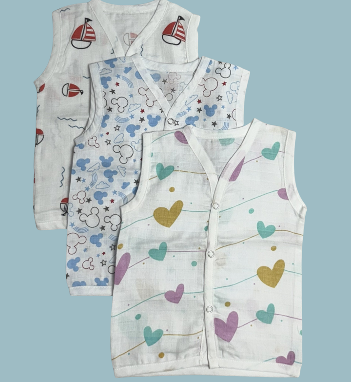 Muslin Cotton Baby Jabla Combo – Sleeveless Front Open | Boat, Mickey & Colorful Hearts Print (Pack of 3)