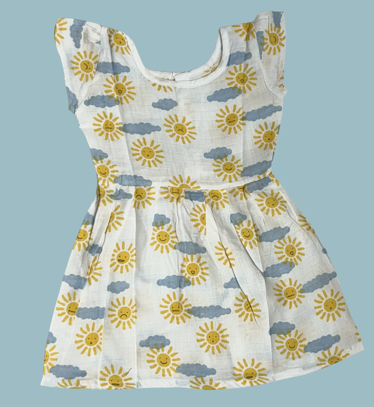 Muslin Baby Frock with Frill Sleeves – Front Open | Sun & Cloud Print