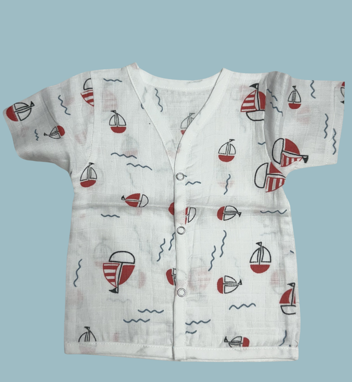 Baby Muslin Cotton Half Sleeve Button Jabla – Red Sailboat Print